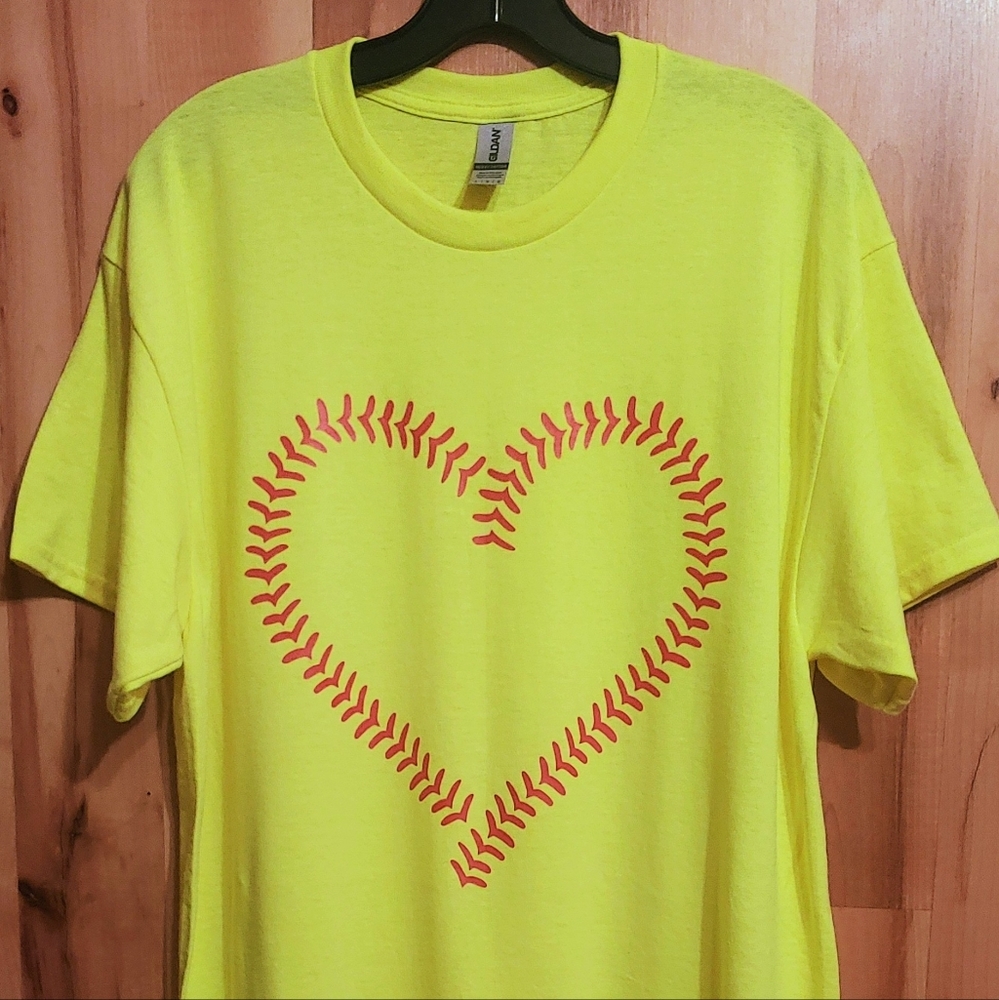 Handmade Large Red Laced Baseball Heart T-Shirt Screenprint Gildan